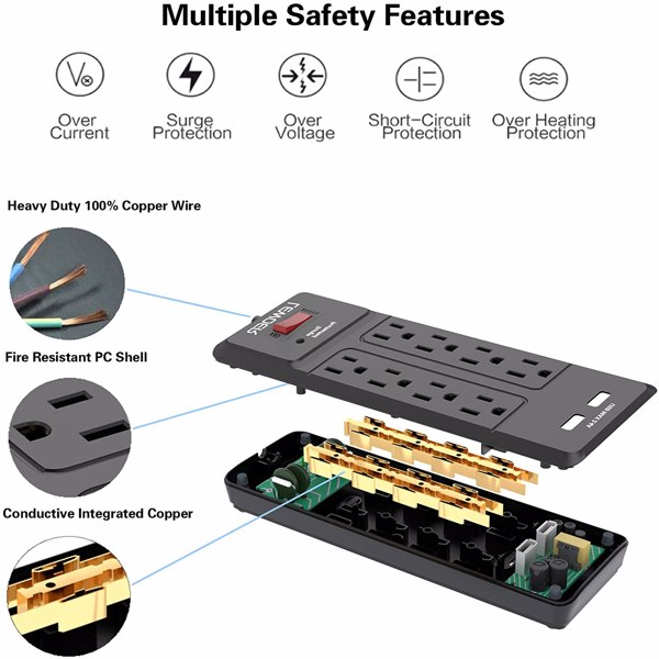 8 AC Outlets and 2 USB Charging Ports Power Strip