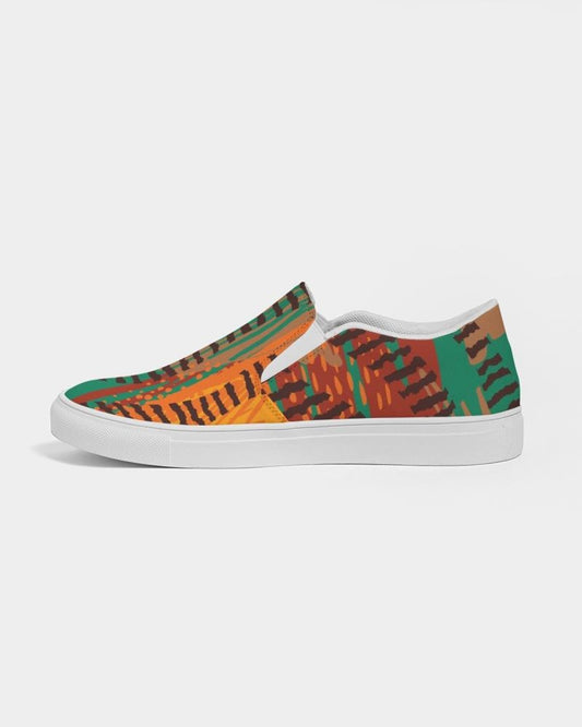 Womens Sneakers - Canvas Slip on Shoes, Brown and Green Print